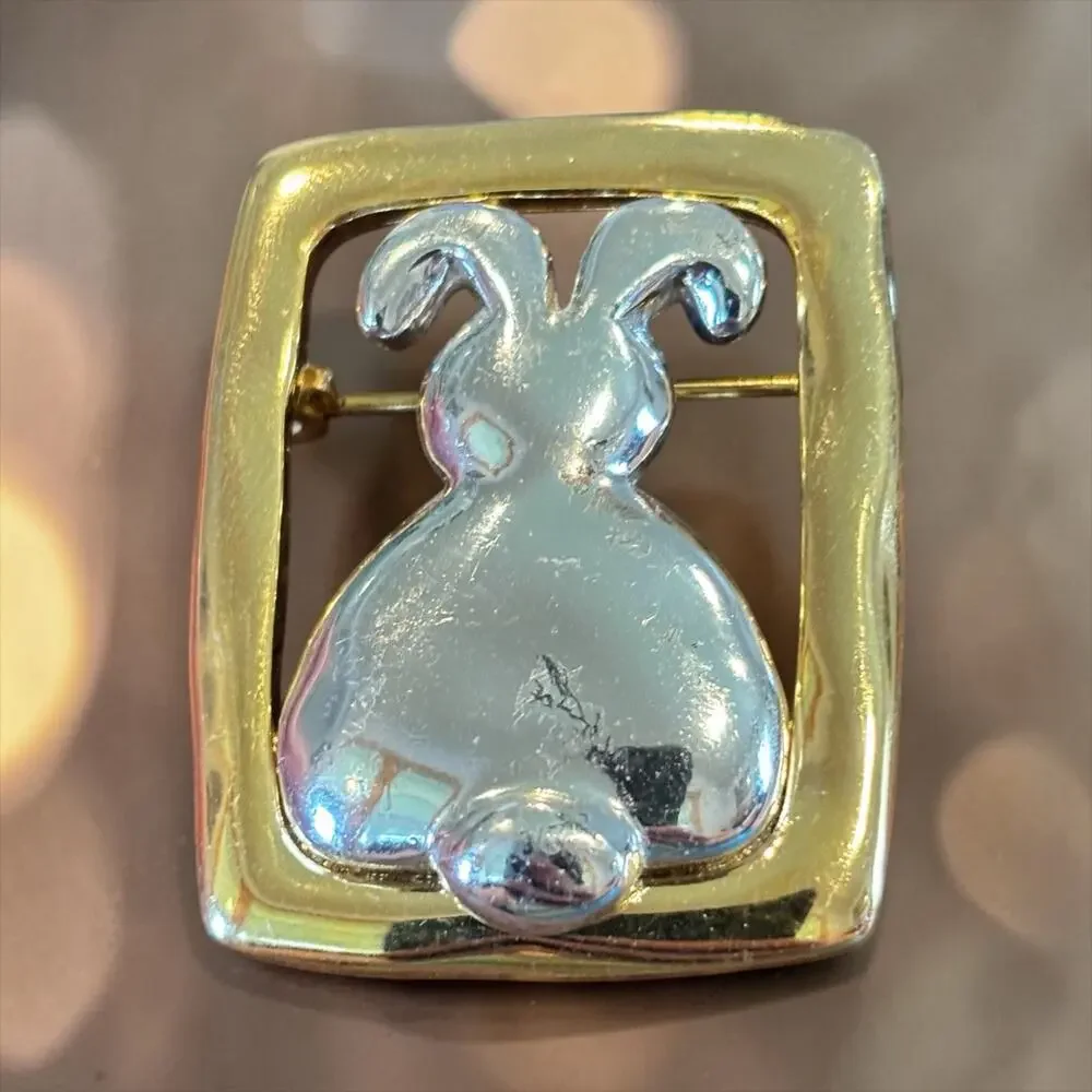 Vintage Abstract Bunny Rabbit Brooch Gold Silver Two Tone Modernist Animal Pin
